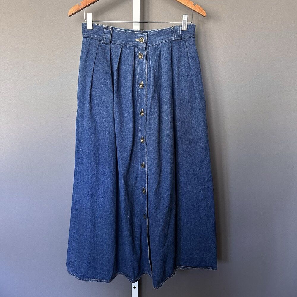 Vintage 80s Denim Midi Skirt Women's Size 12 Blue Button Up Western Prairie Boho